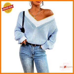 Oversized Striped V Neck Pullover Sweater Trendy Knit Y2K Chic Fall Fashion
